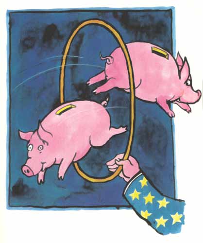 Dessin Tomi Ungerer - Deux cochons tirelire sautent dans un cerceau dans un cirque
